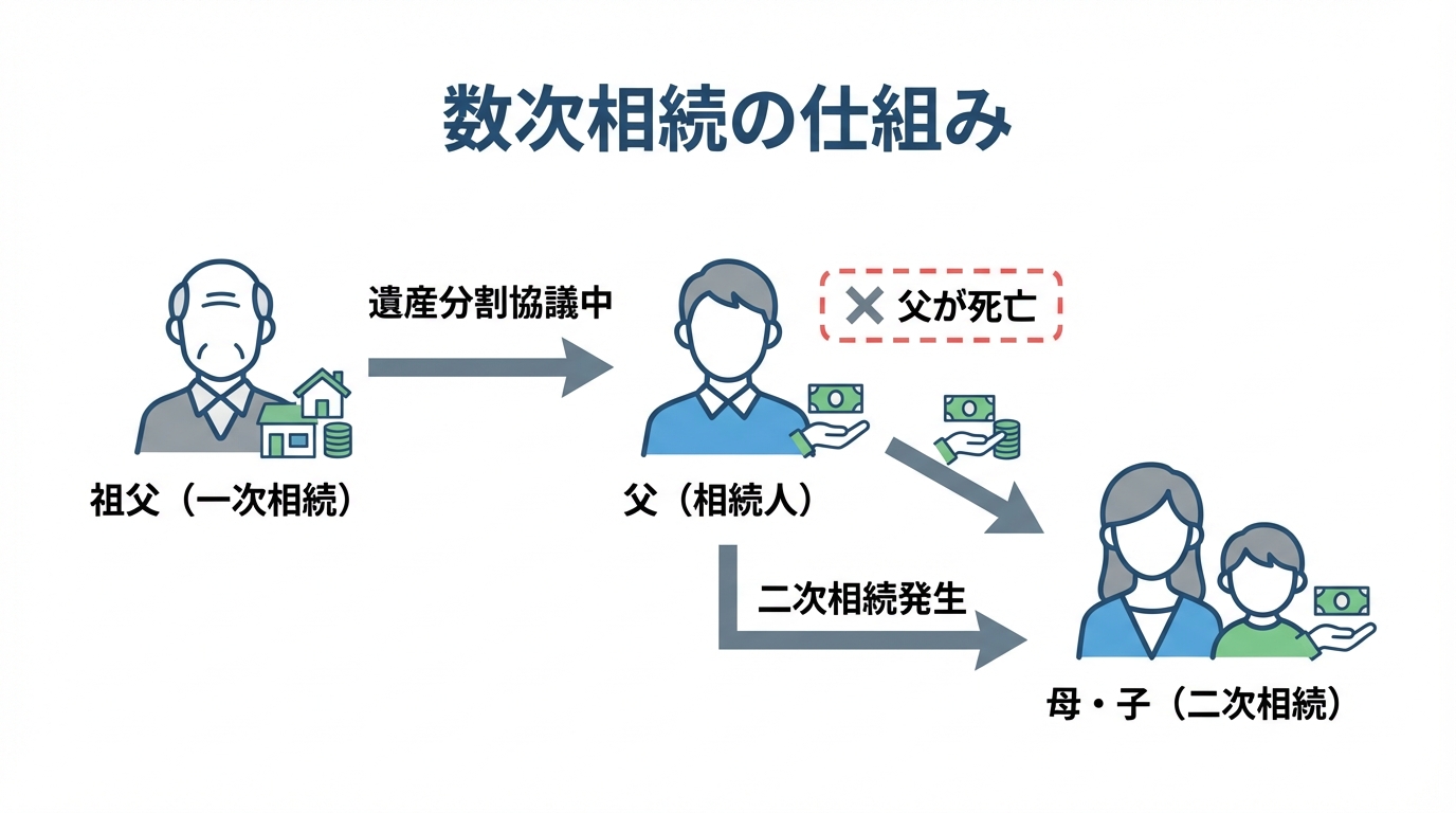 数次相続の仕組みを図解。祖父の一次相続の遺産分割中に父が亡くなり、その相続権が母と子に引き継がれる流れを示している。