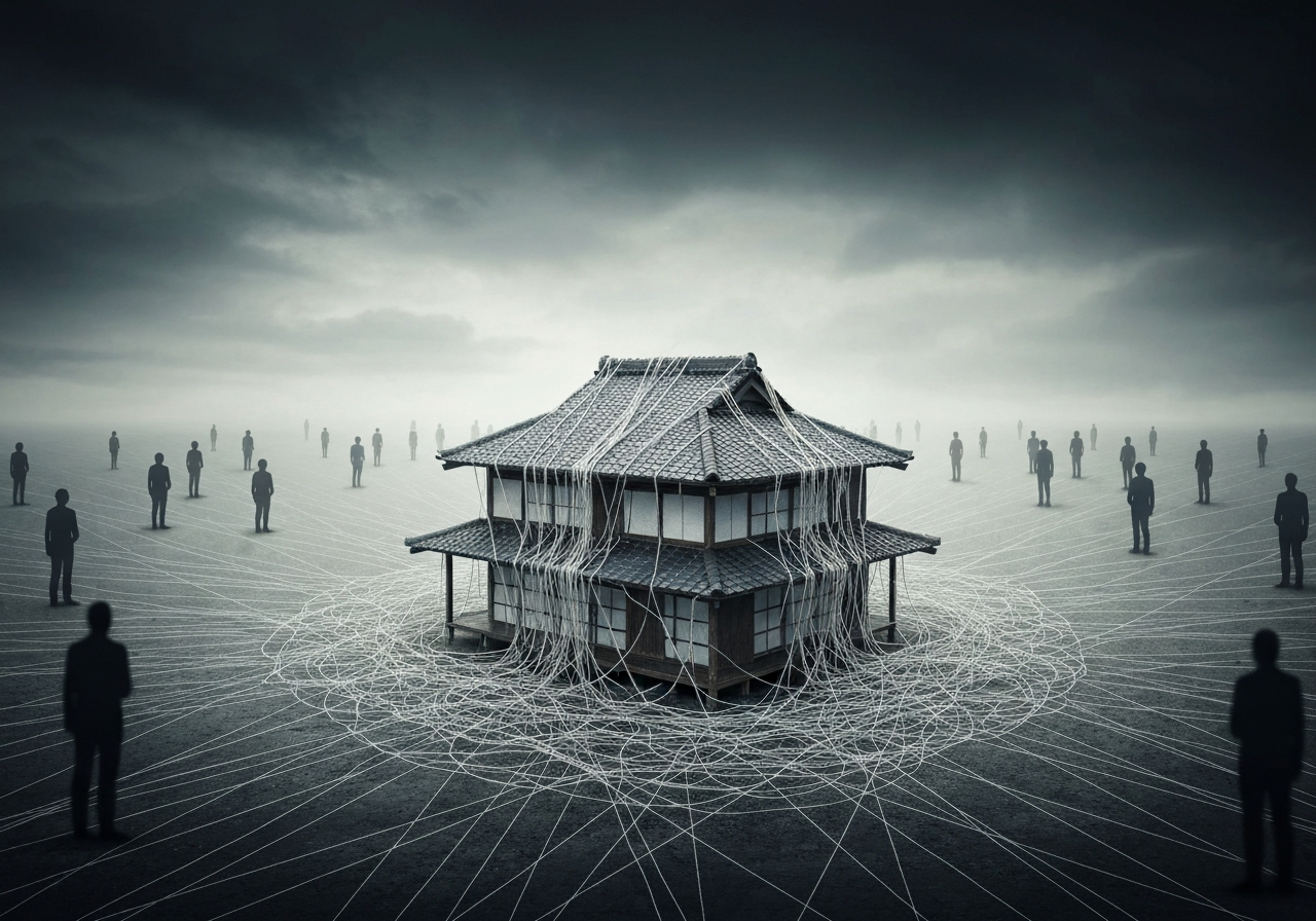 複雑に絡み合った糸に囲まれた一軒家。共有持分を放置した結果、権利関係が複雑化するリスクを表現している。