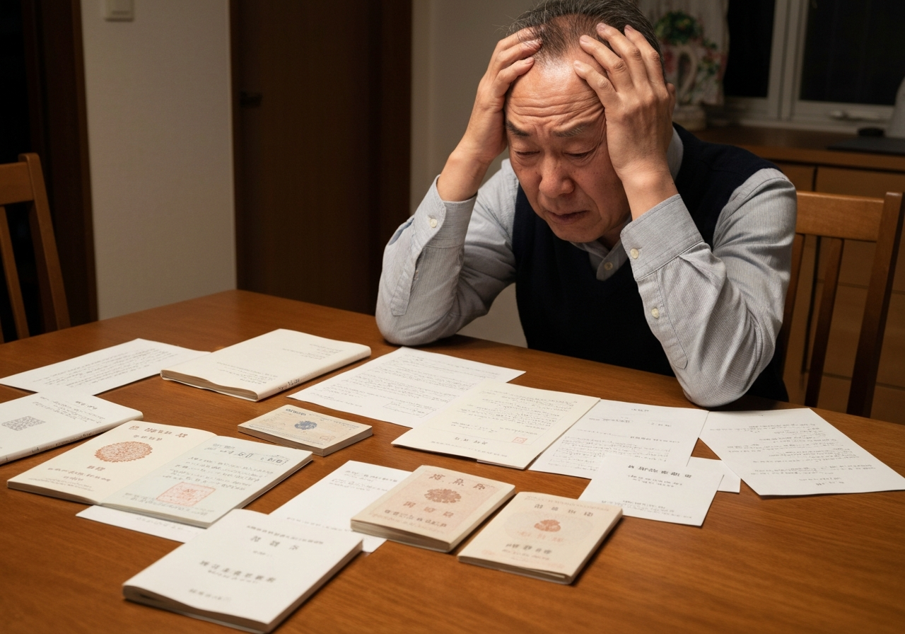 たくさんの銀行通帳や書類を前に、頭を抱える中年の人物。不動産がない相続でも手続きが煩雑であることを表している。