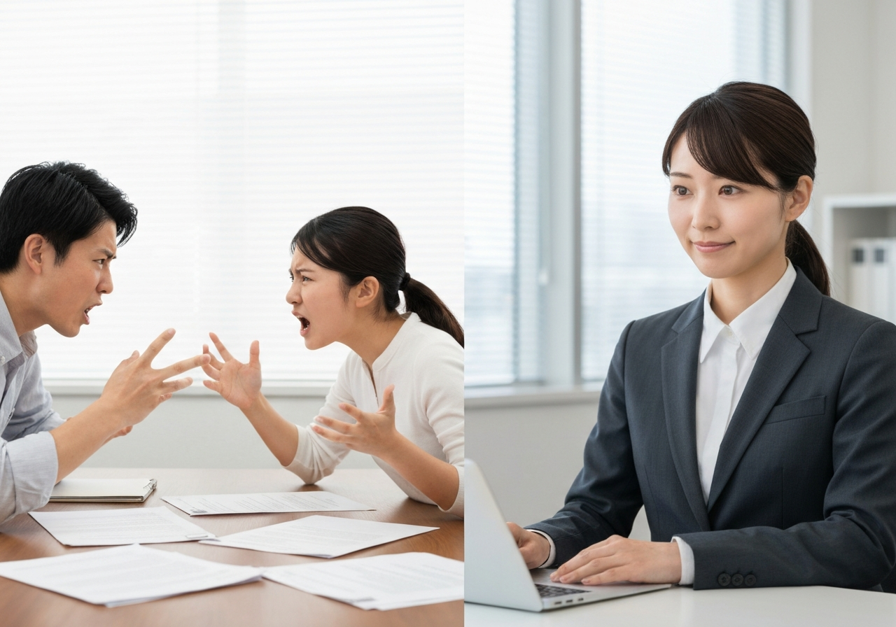 感情的に対立する相続人と、中立な立場で間に入る司法書士のイメージ。