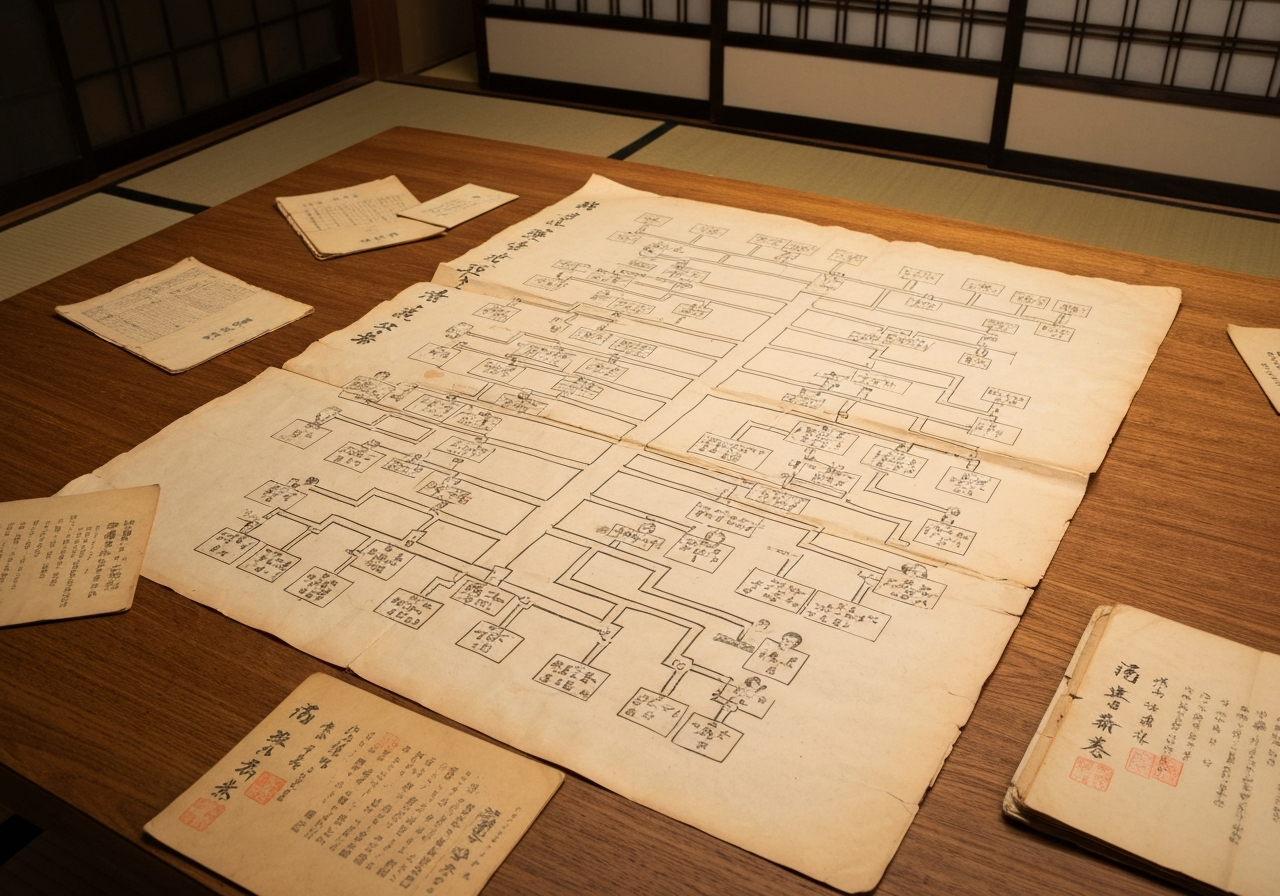 多数の相続人がいる複雑な相続関係を示す家系図と、山積みにされた戸籍謄本の写真。