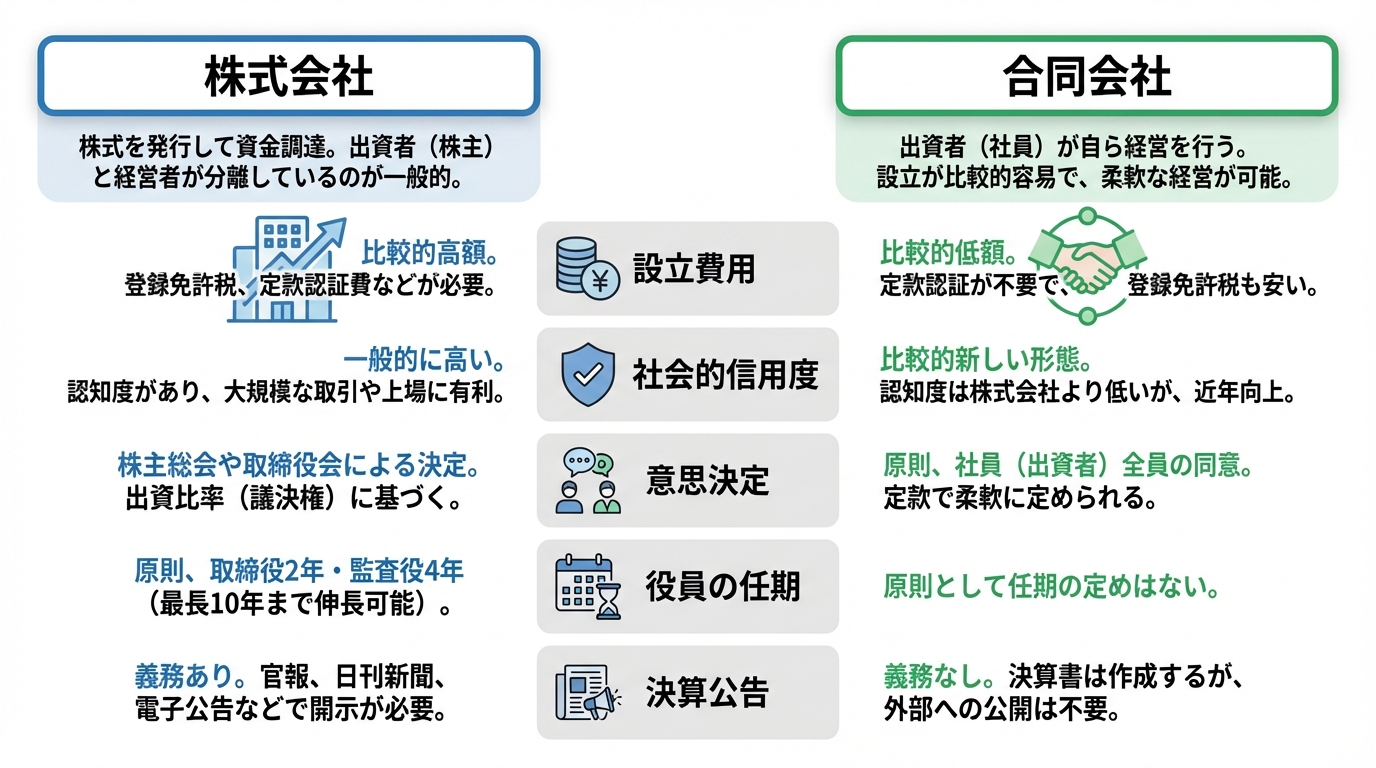 株式会社と合同会社の主な違いを比較したインフォグラフィック。設立費用、社会的信用度、意思決定などの項目を分かりやすく図解。