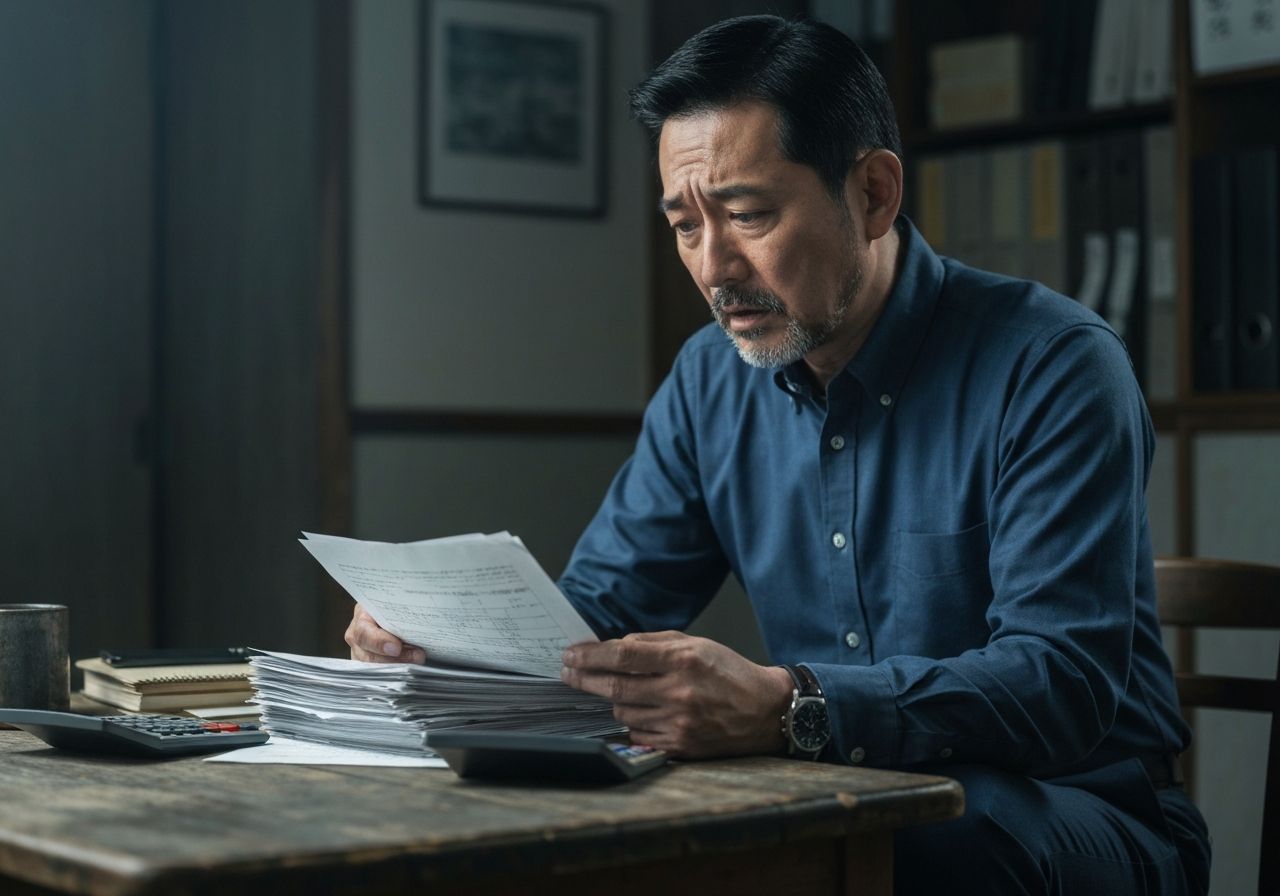 書類を前に頭を抱える人物。相続不動産売却の費用に関する悩みを象徴している。