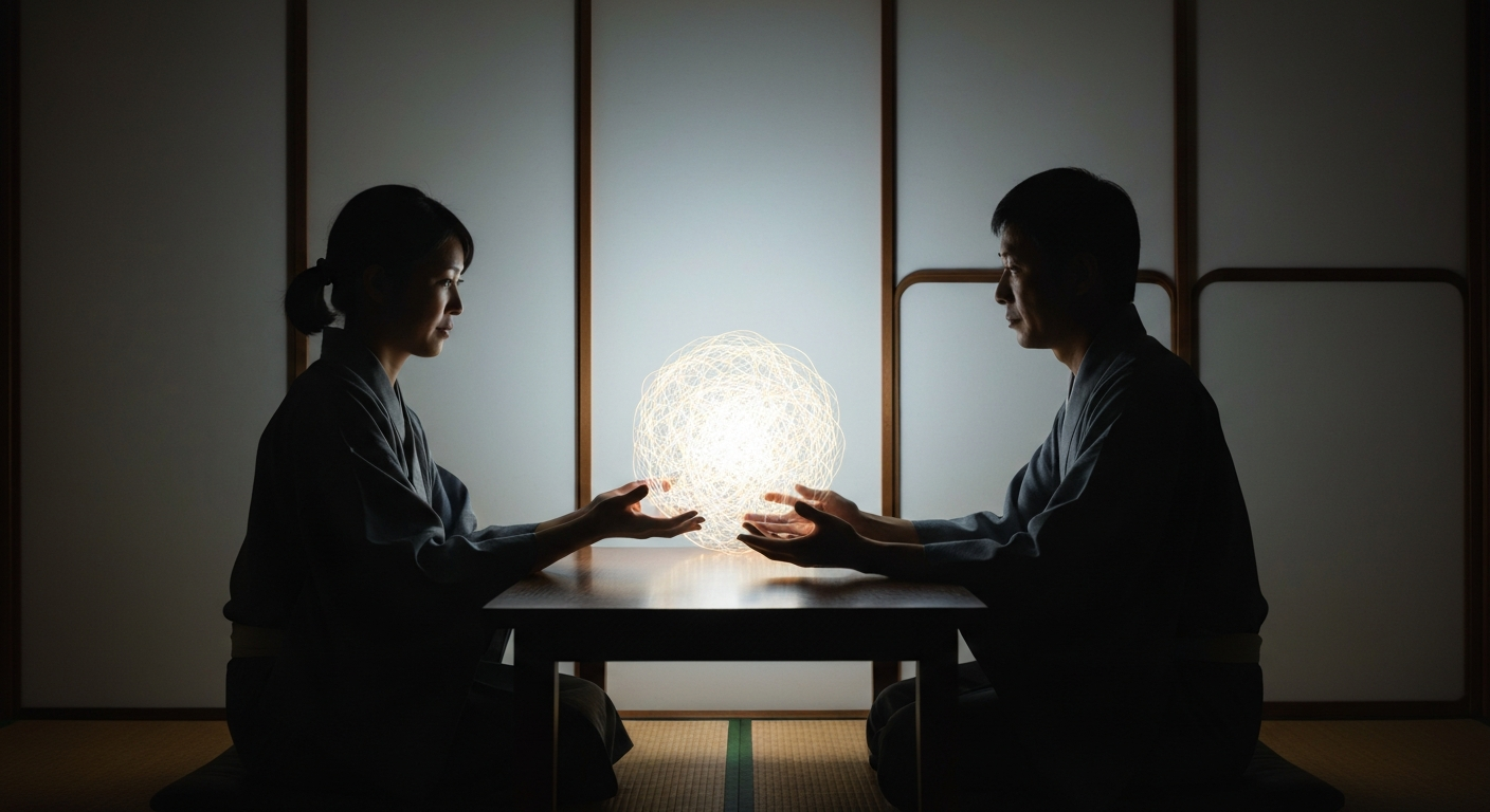 遺産分割協議で向かい合う二人の相続人。お互いの本音が見えず、コミュニケーションがうまくいかない様子を抽象的に表現したイメージ。