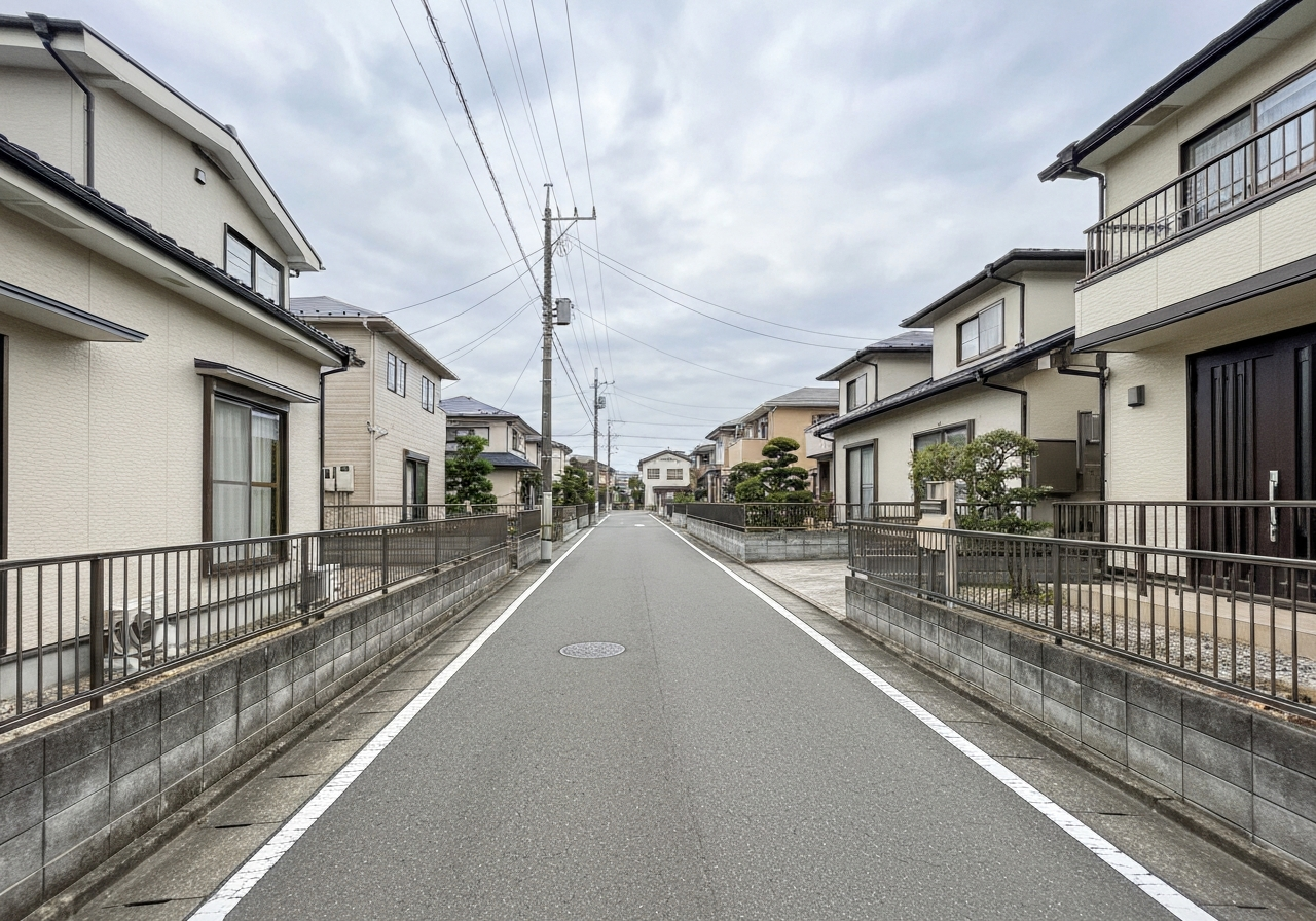 一戸建て住宅の前に伸びる私道。相続登記で見落とされやすい不動産の例。