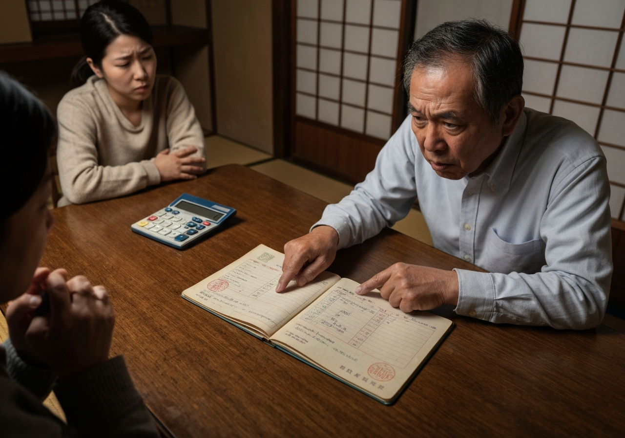 被相続人の預金通帳を見ながら、遺産の使い込みがあったのではないかと疑い、険しい表情で話し合う相続人。