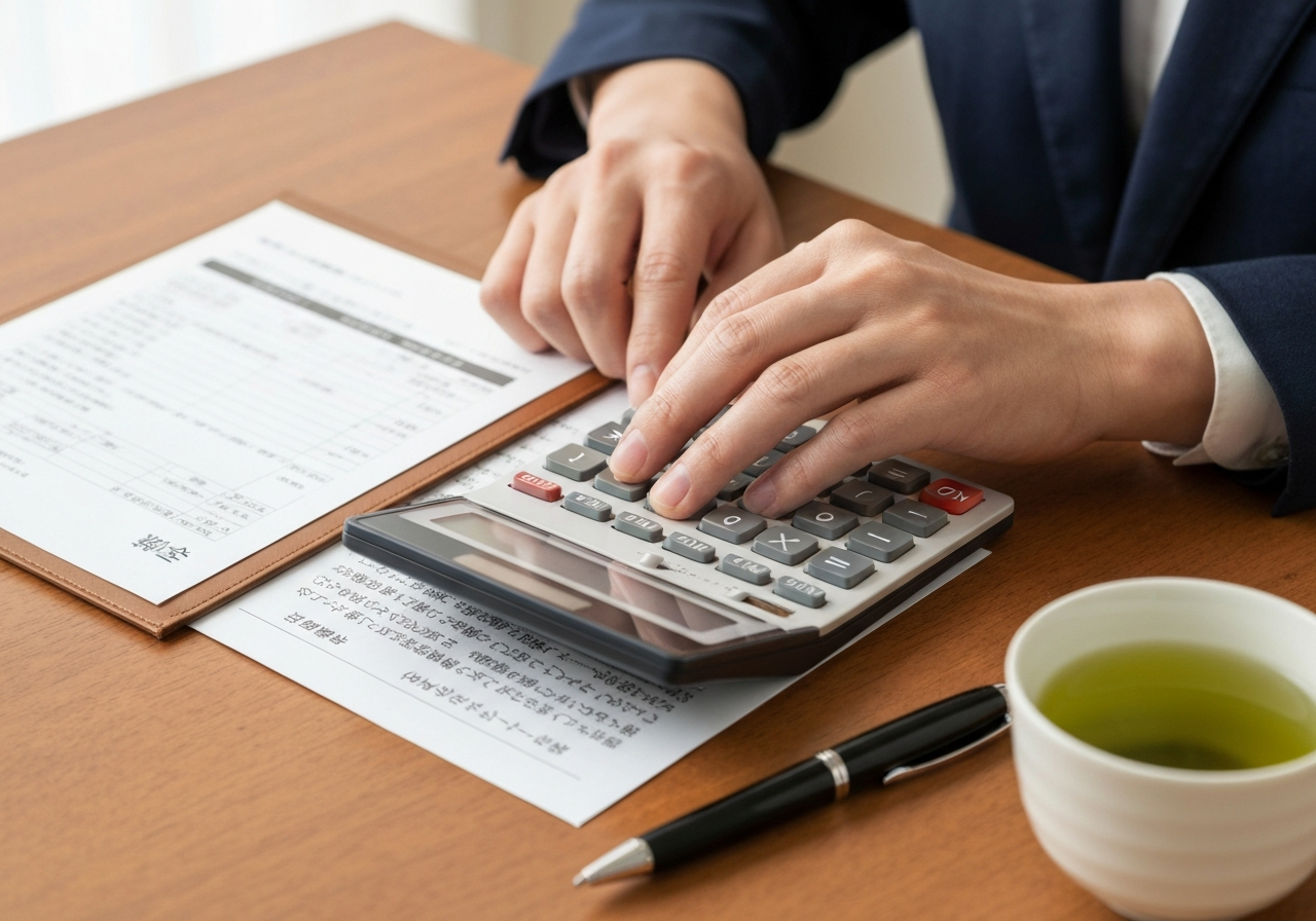 電卓と書類を使って相続計算をしている様子