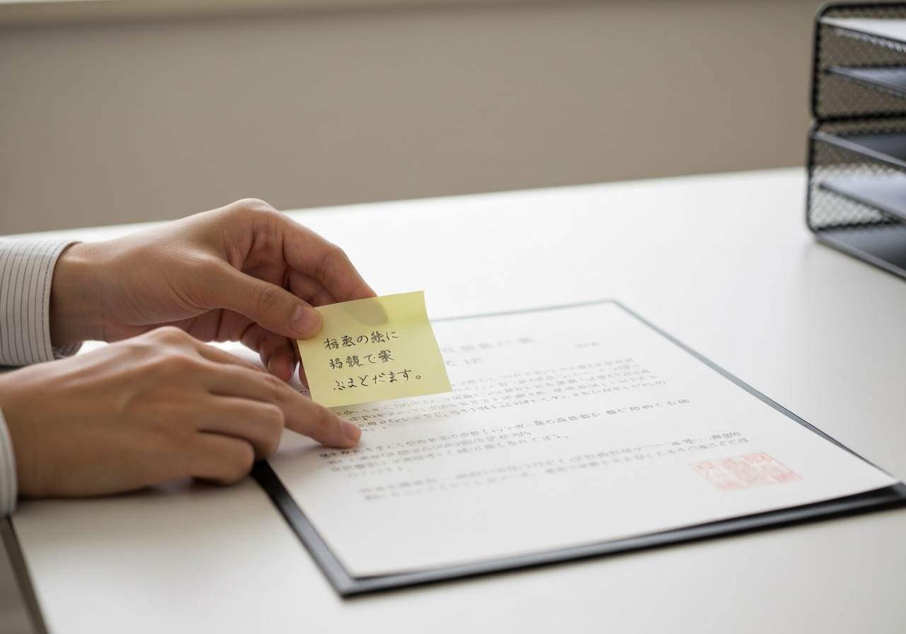 遺産分割協議書に、署名箇所を示す丁寧な手書きの付箋を貼っている様子。相手への気遣いを表現している。