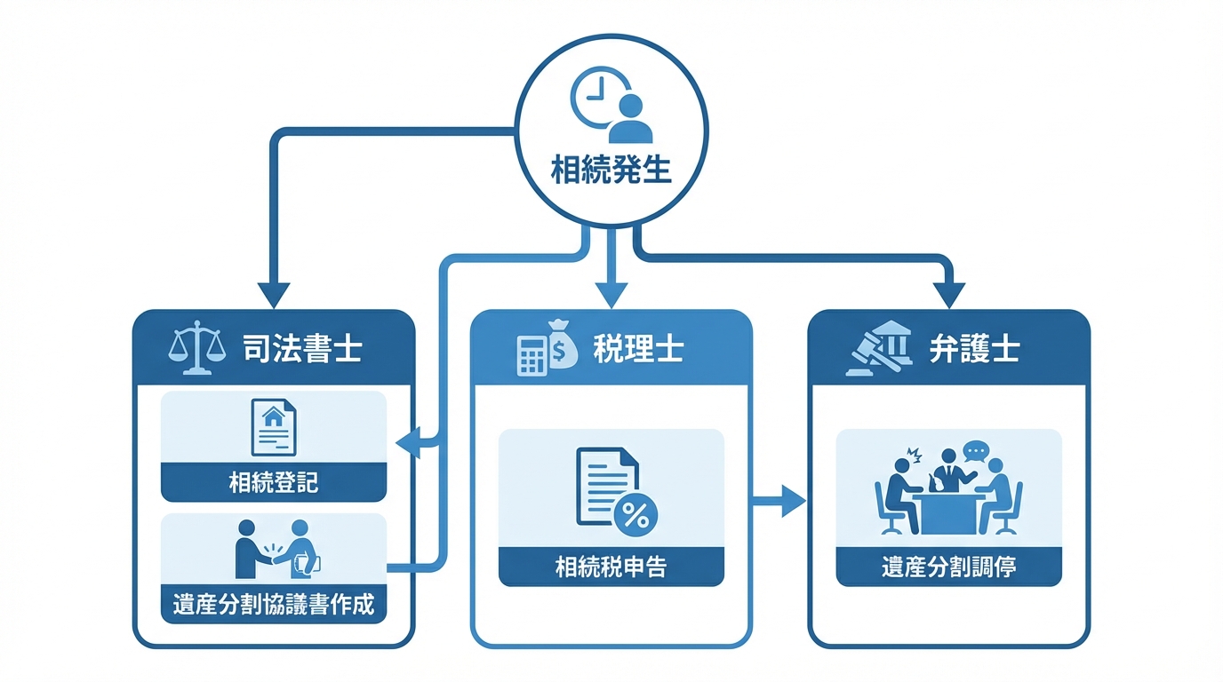 相続手続きにおける司法書士・税理士・弁護士の役割分担を示した図解。