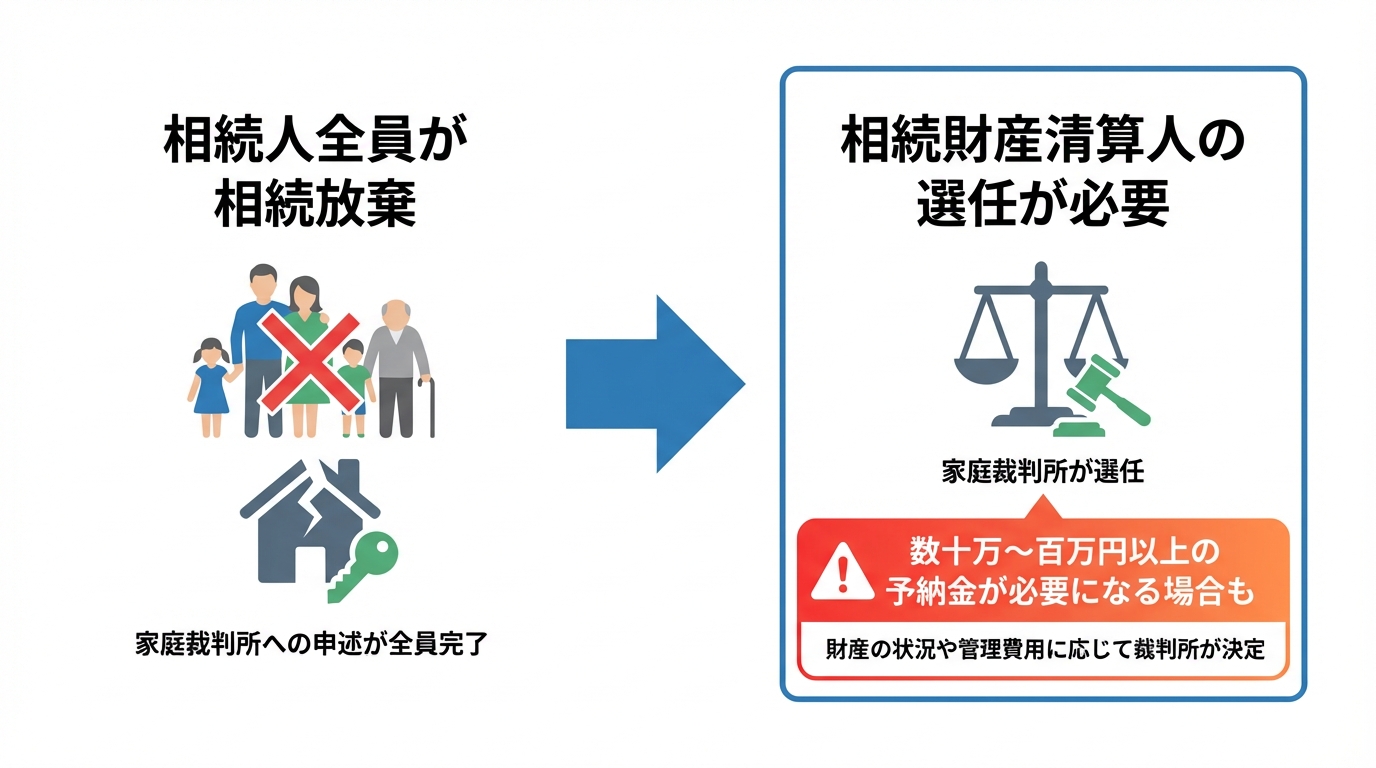相続人全員が相続放棄をすると、相続財産清算人の選任が必要になり、高額な予納金がかかるリスクがあることを示す図解。
