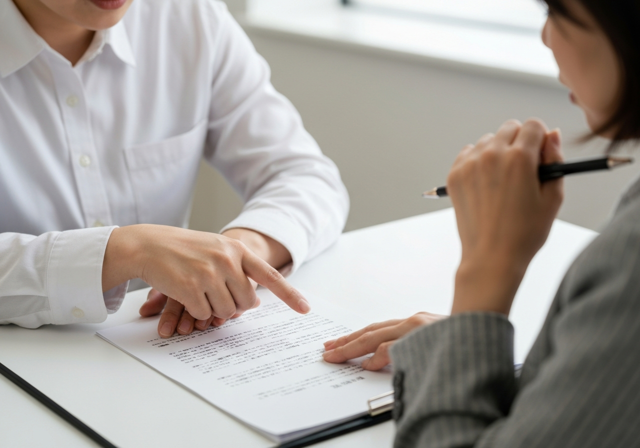 司法書士が依頼者に書類の内容を丁寧に説明している手元のクローズアップ。専門家への信頼感を表している。