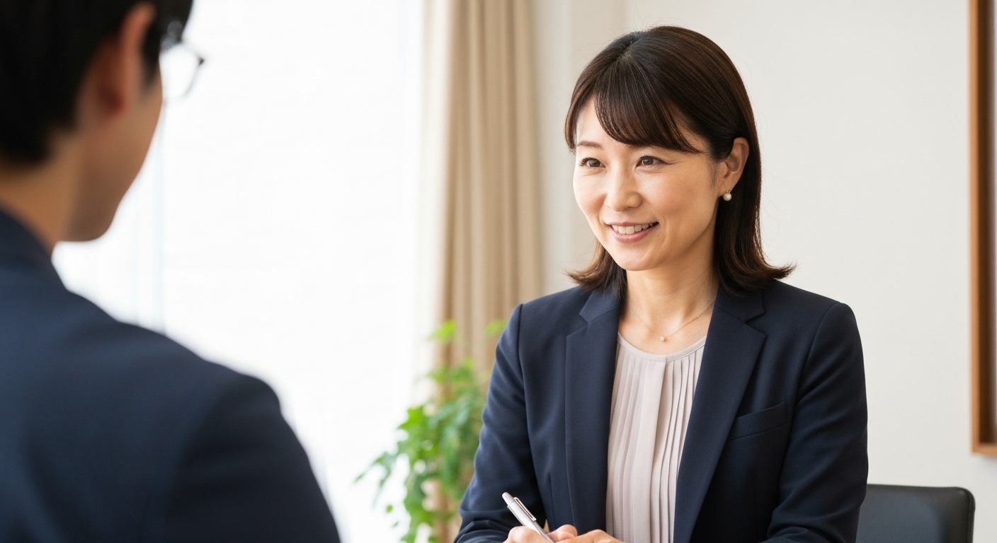 相談者の話に優しく耳を傾ける司法書士。心理カウンセラーとして心に寄り添う姿勢を象徴している。