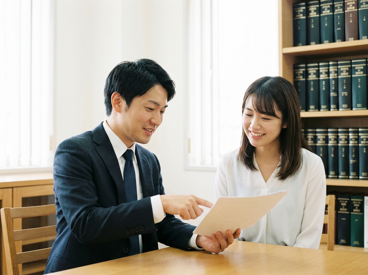 司法書士が会社設立を検討している女性に、メリット・デメリットを丁寧に説明している相談風景。