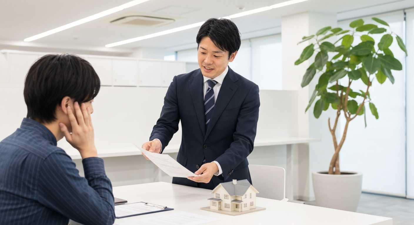 司法書士が相談者に安心した様子で説明している。専門家との連携による問題解決を表す。