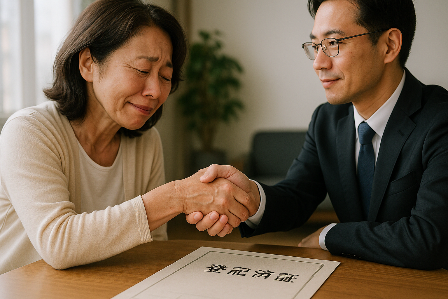 司法書士のサポートで遺産分割協議が成立し、安堵の表情で握手をする依頼者の女性。問題解決の瞬間を象徴する一枚。