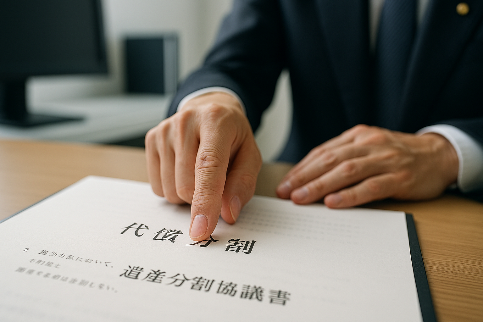 司法書士が遺産分割協議書を指し示し、代償分割に関する重要な条項と贈与税のリスクについて説明している場面。