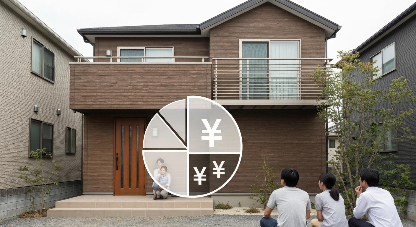 家の前で、不動産の分け方について話し合う家族