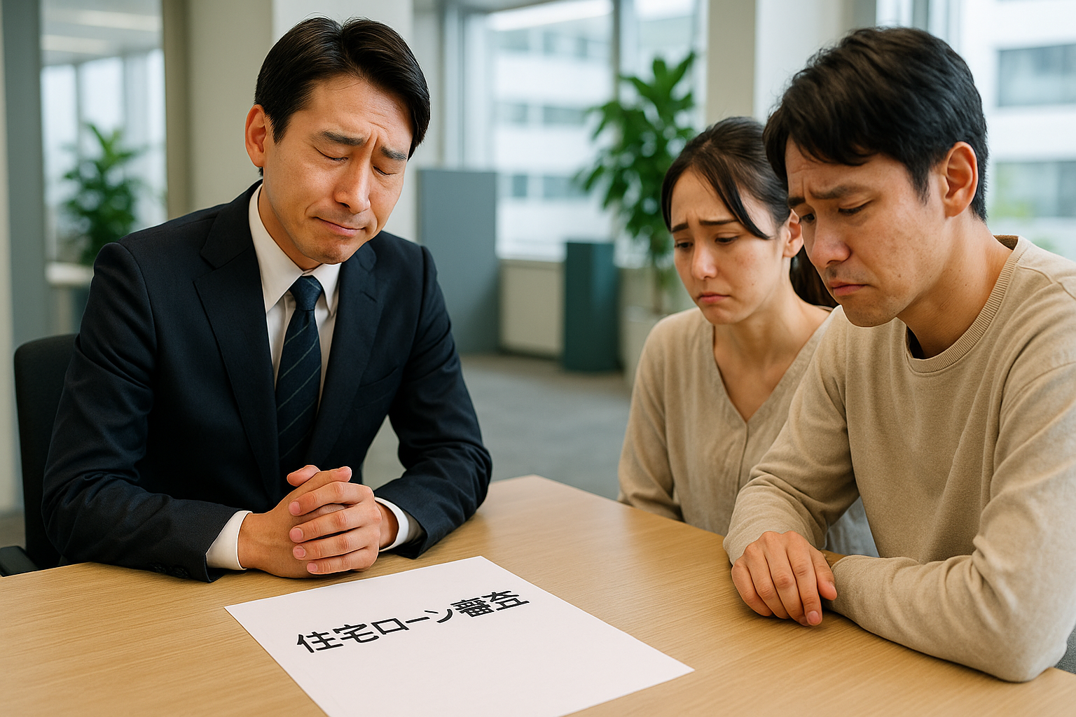 住宅ローン審査の書類を前に、銀行員から融資を断られ、がっかりしている夫婦。旧耐震基準の物件はローンが通りにくいことを示しています。