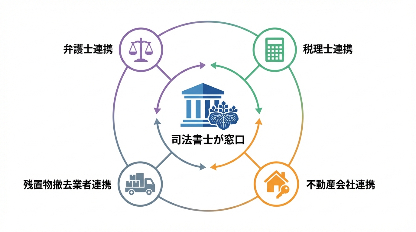 司法書士が窓口となる専門家連携の4つのメリットを図解したインフォグラフィック。