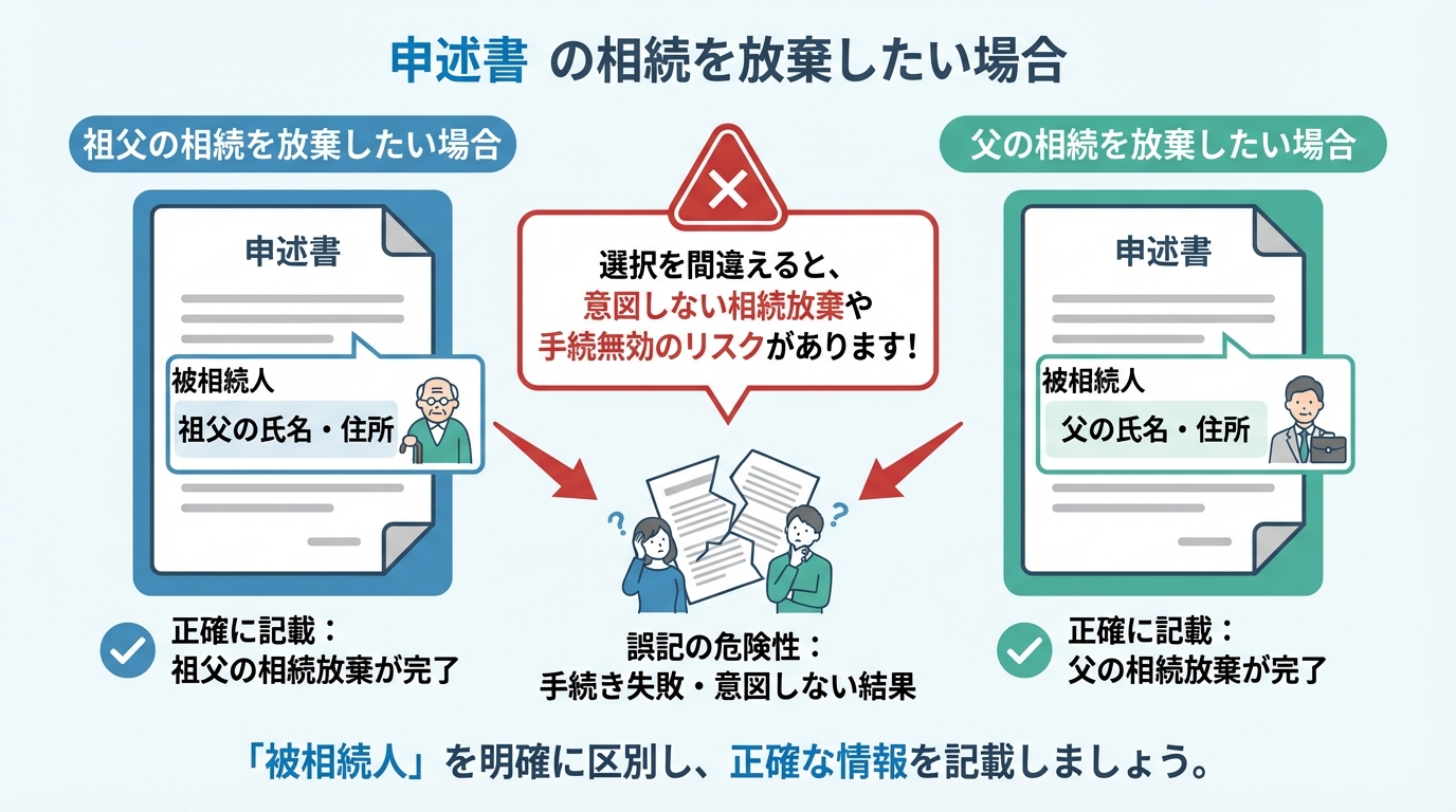 数次相続における相続放棄の申述書の書き方の違いを比較する図解。放棄したい相手に応じて被相続人の記載を変える必要があることを示している。