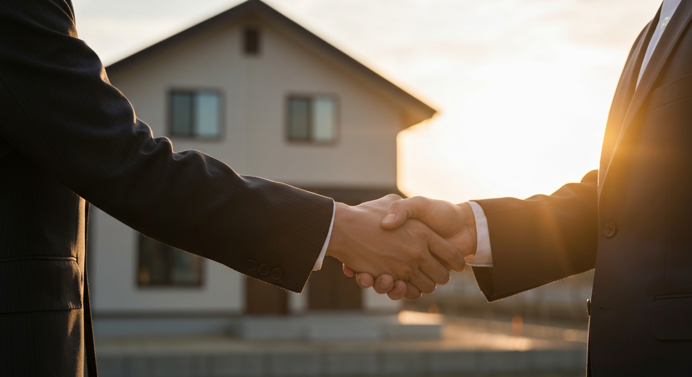 不動産相続の問題が解決し、司法書士と依頼者が固い握手を交わしている。