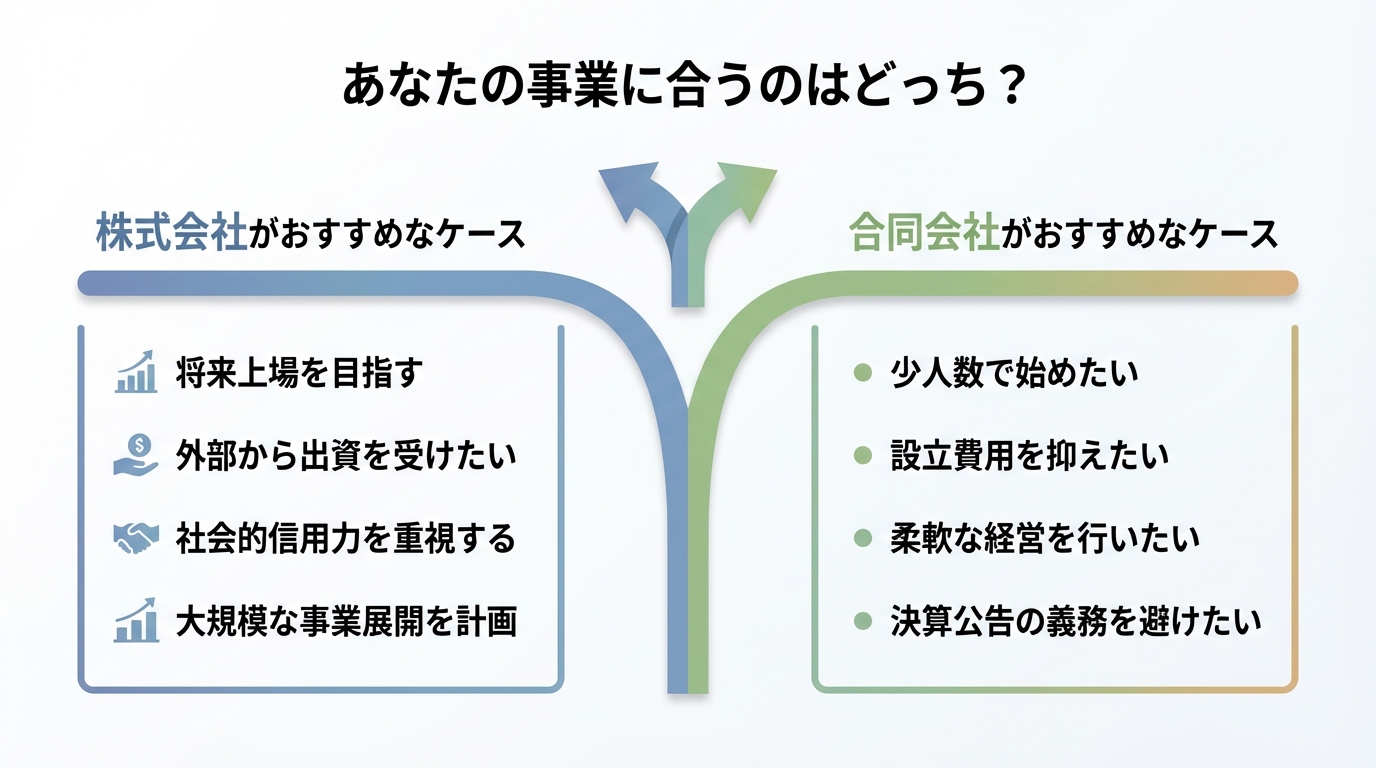 株式会社と合同会社の選び方を示すインフォグラフィック。事業の目的や状況に応じた判断基準を図解。