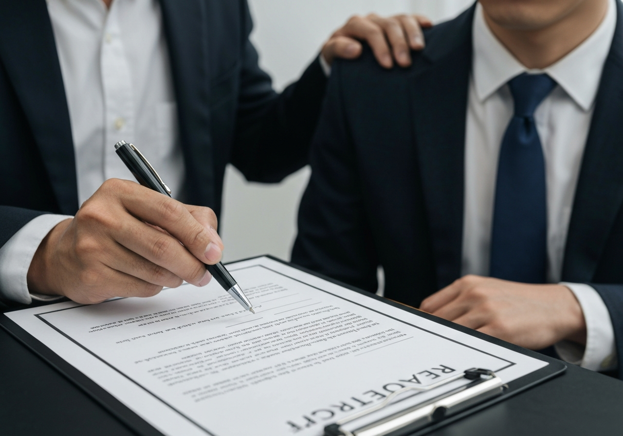 不動産契約書を指さし依頼者に寄り添う専門家の手元。不動産取引に精通した司法書士の信頼感を表現。