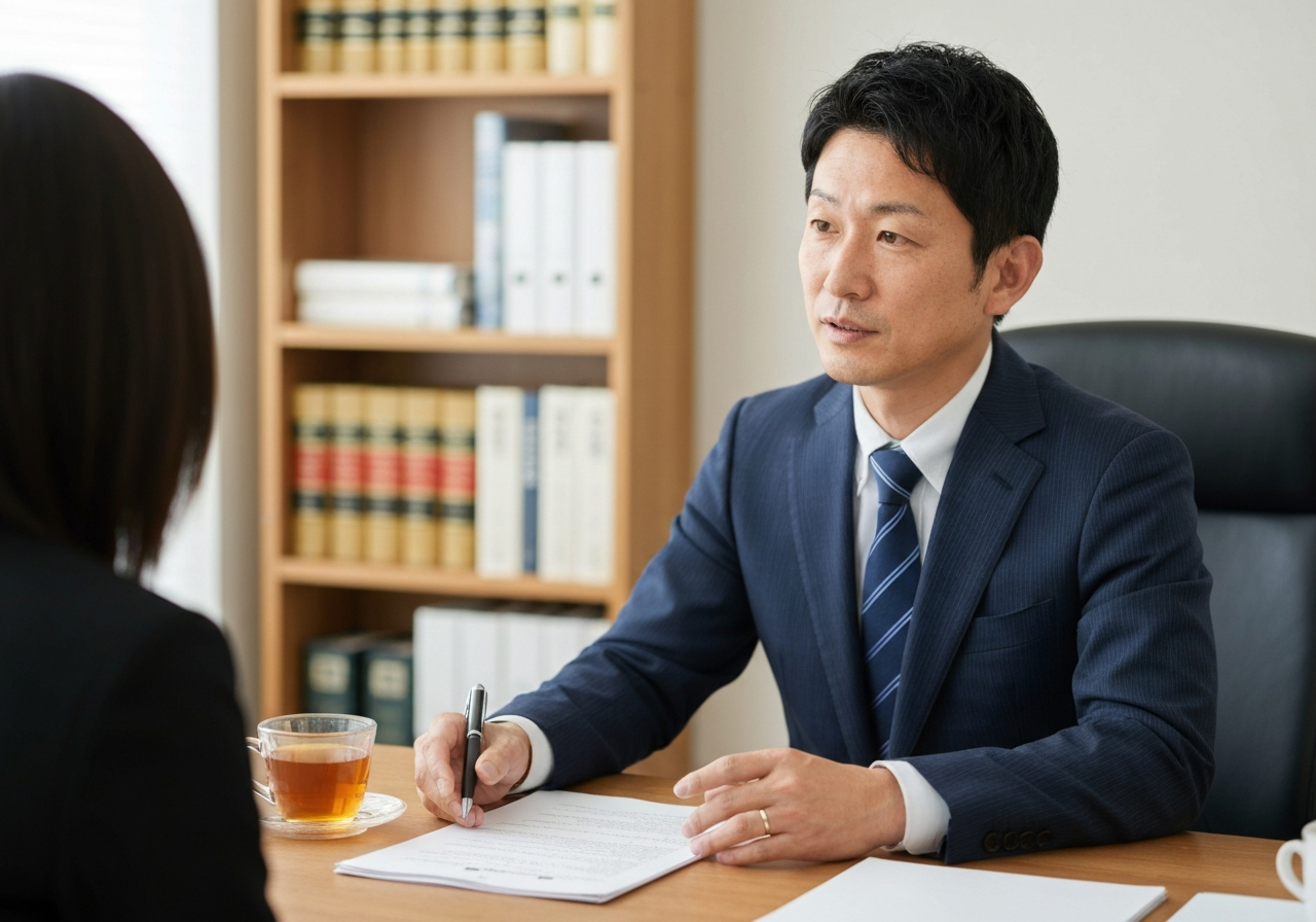 下北沢司法書士事務所の司法書士が、依頼者の話に親身に耳を傾けている様子。信頼感と専門性を伝える。