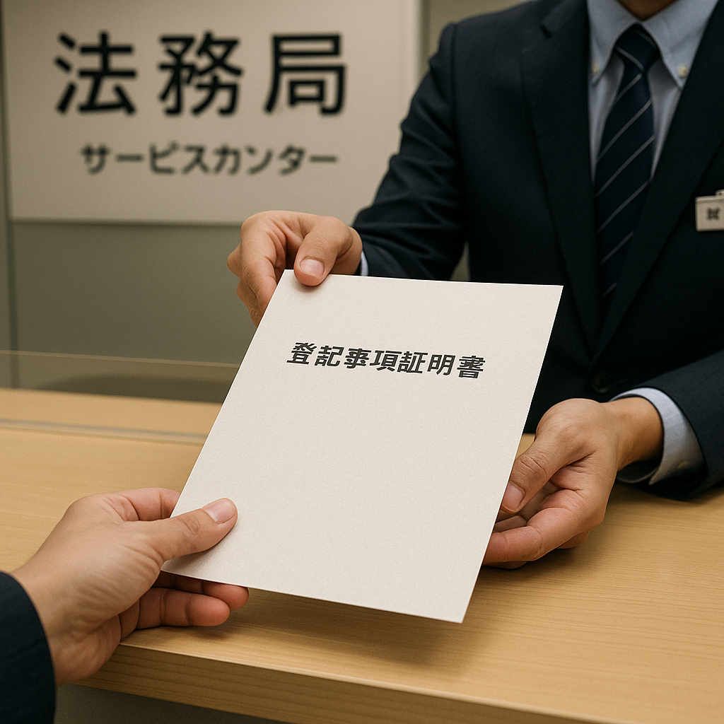 法務局の窓口で登記事項証明書を受け取る様子。登記漏れ調査の最終確認ステップを象徴する画像。