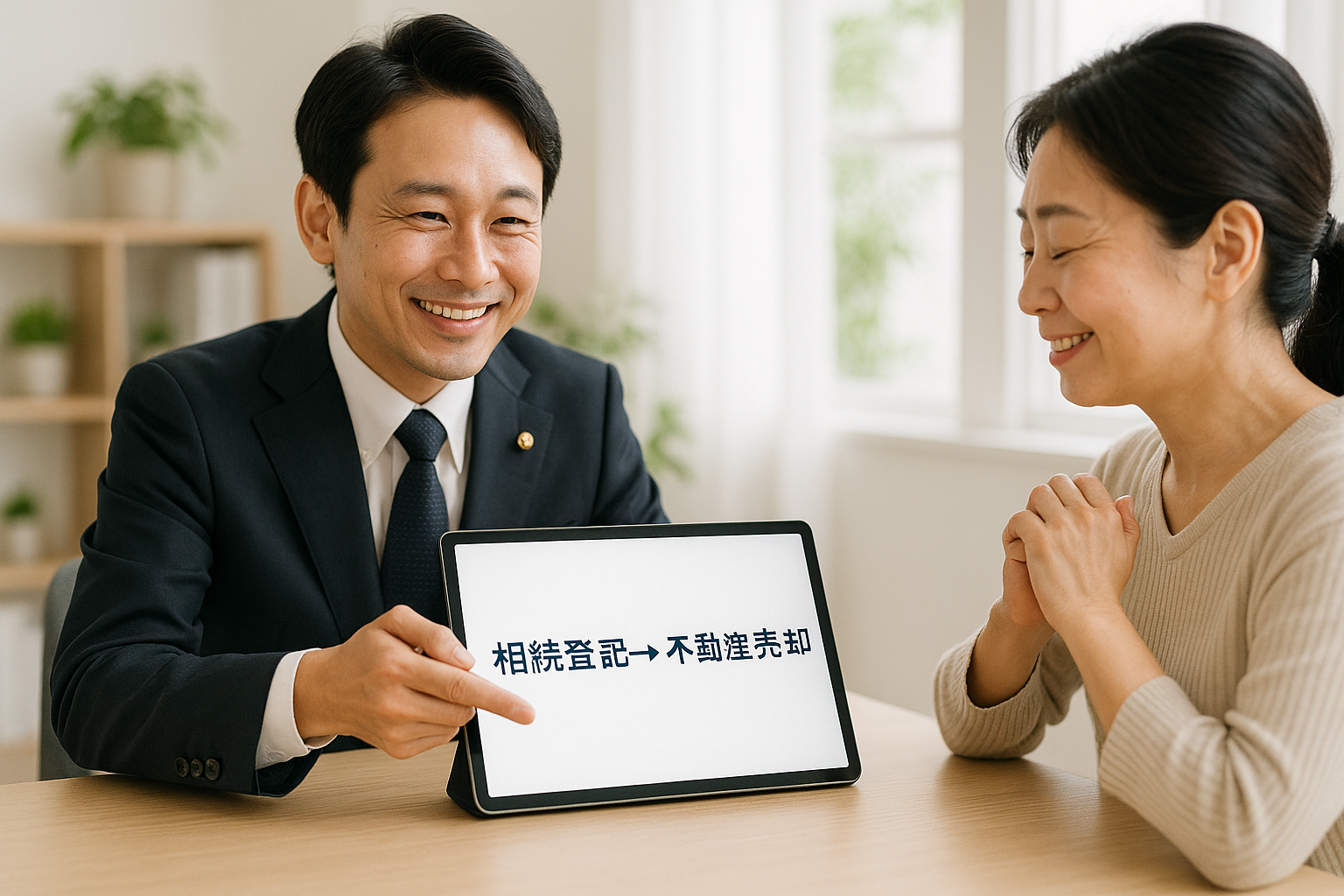 司法書士が依頼者に対し、「相続登記」から「不動産売却」までの流れをタブレットで説明している様子。ワンストップサービスの安心感を表現しています。