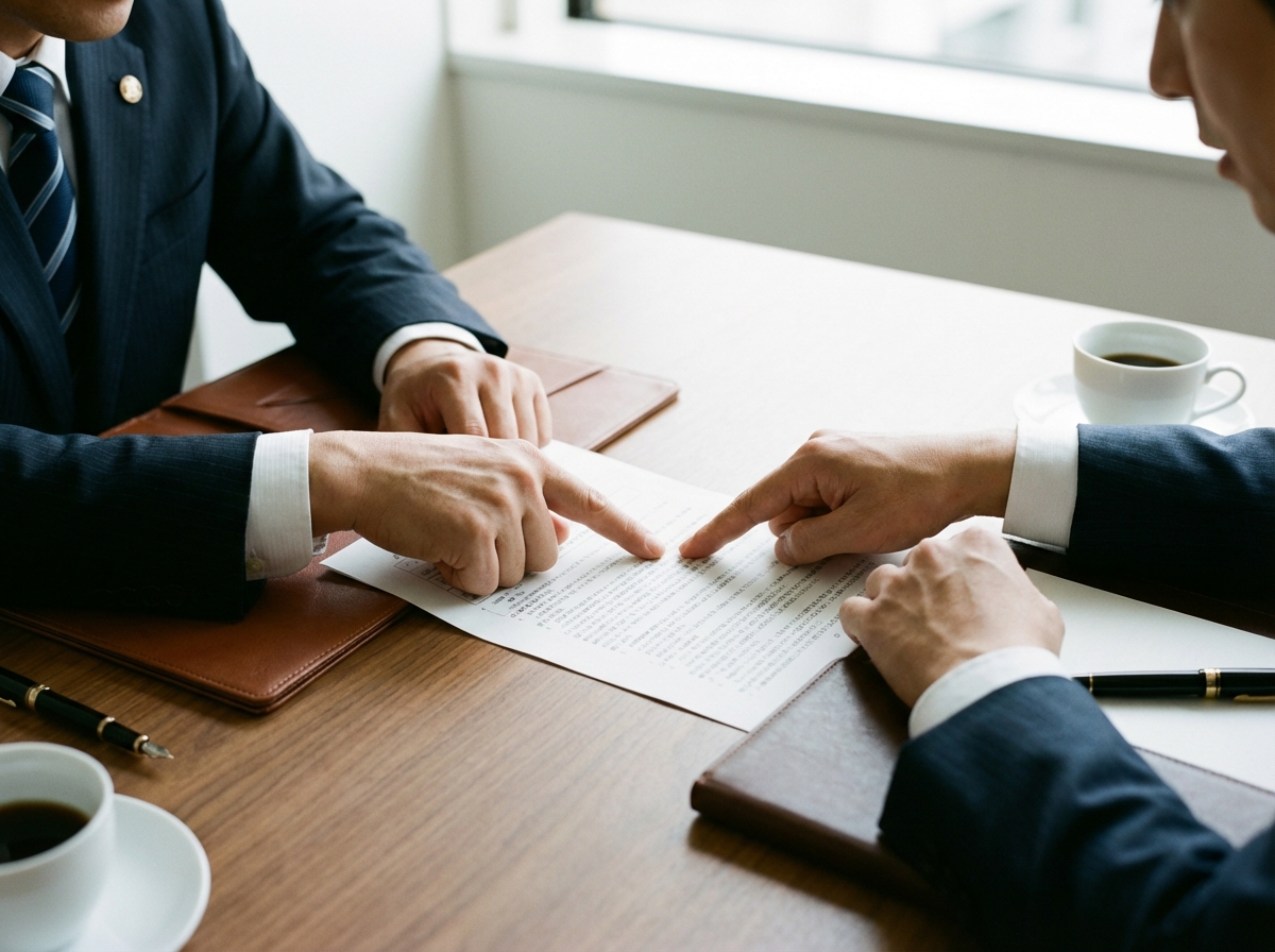 司法書士と不動産会社の担当者が連携して書類を確認している様子。