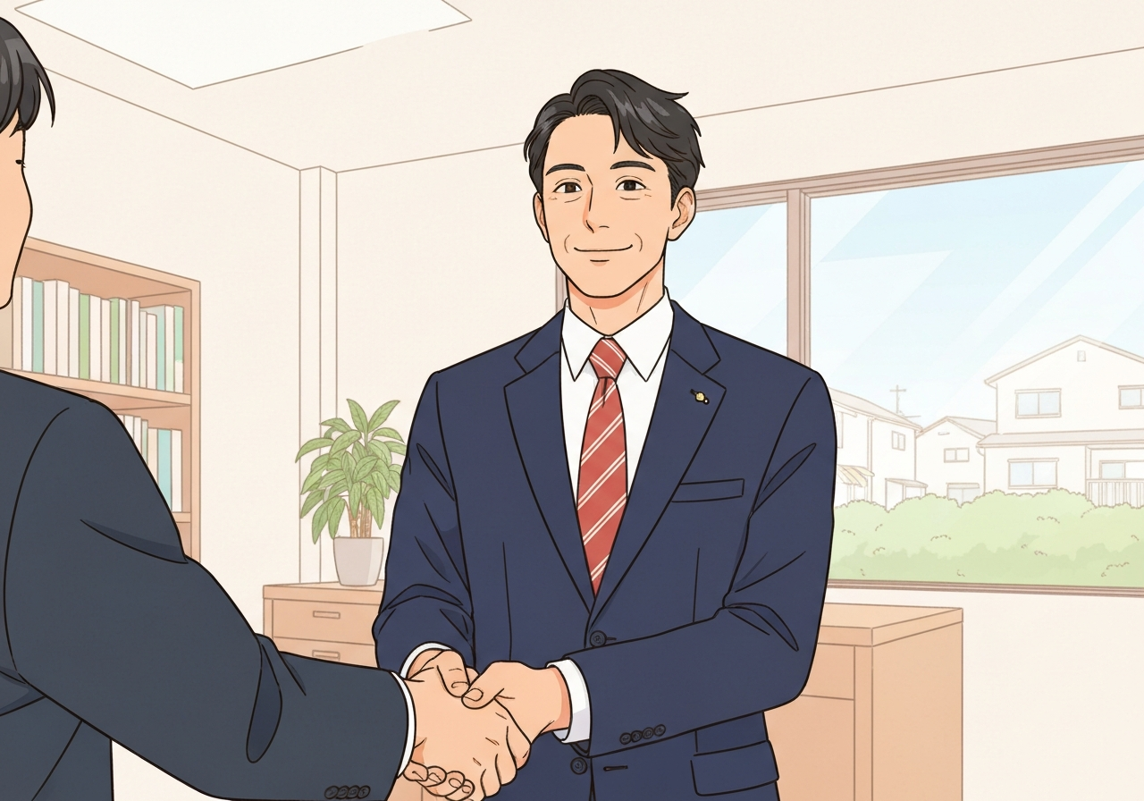 司法書士が依頼者と握手を交わし、信頼関係と円満解決を象徴しているイラスト