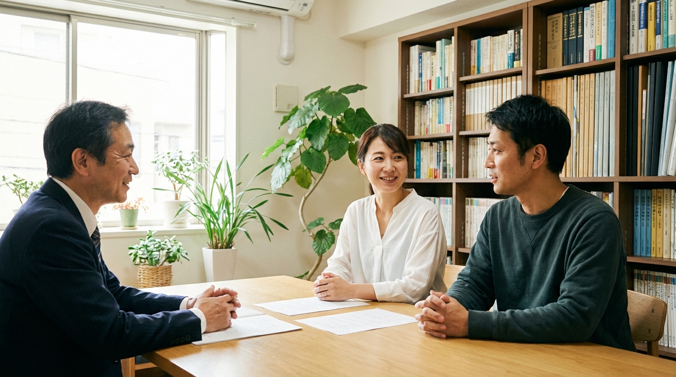司法書士に相談し、安心した表情を浮かべる夫婦。複雑な数次相続の問題解決に向けて前向きになっている様子。