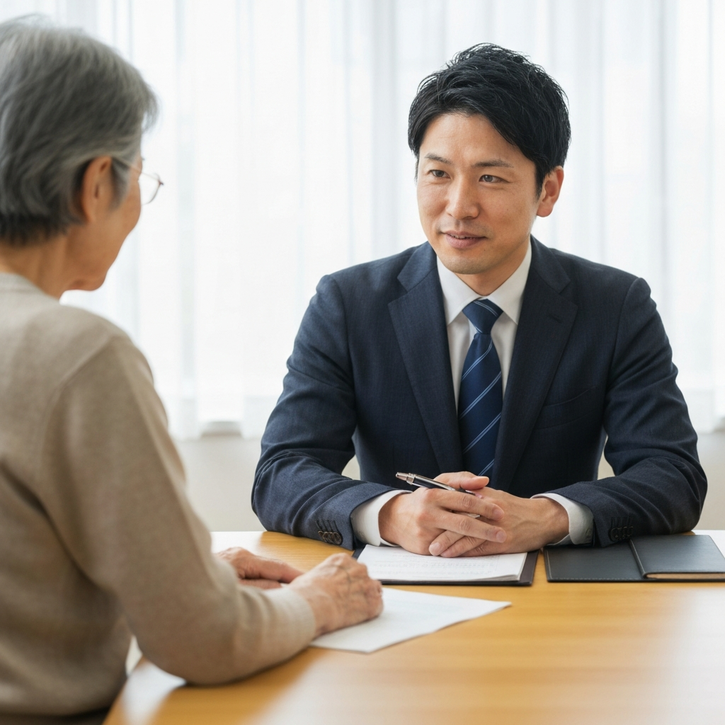 心理カウンセラーでもある司法書士が、依頼者の話に親身に耳を傾けている様子。法律問題だけでなく心の不安にも寄り添う姿勢を示しています。