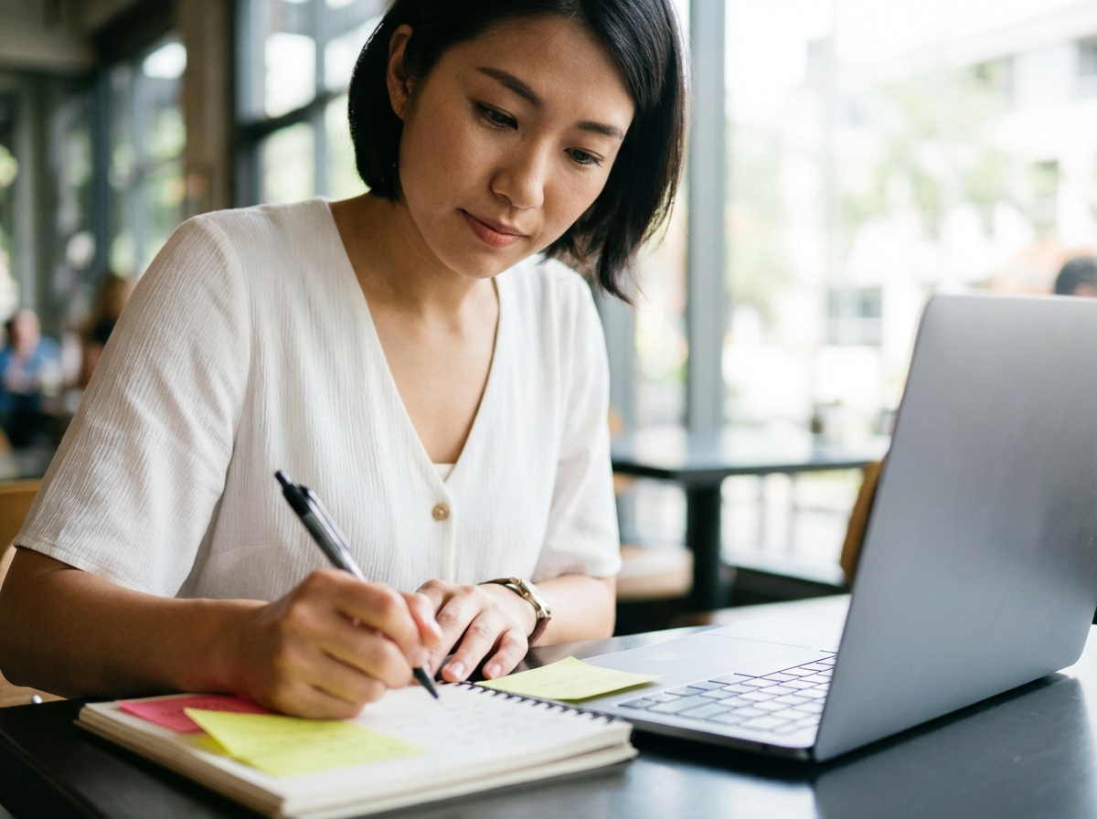 会社設立手続きを専門家に任せ、事業計画の策定に集中している女性起業家。