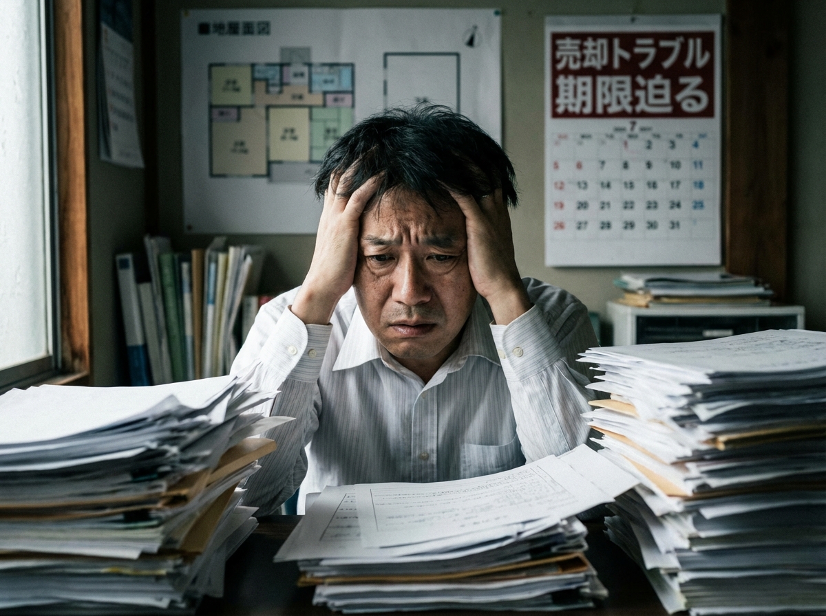 不動産売買契約のトラブルで頭を抱える男性。契約無効や違約金のリスクに悩んでいる様子。