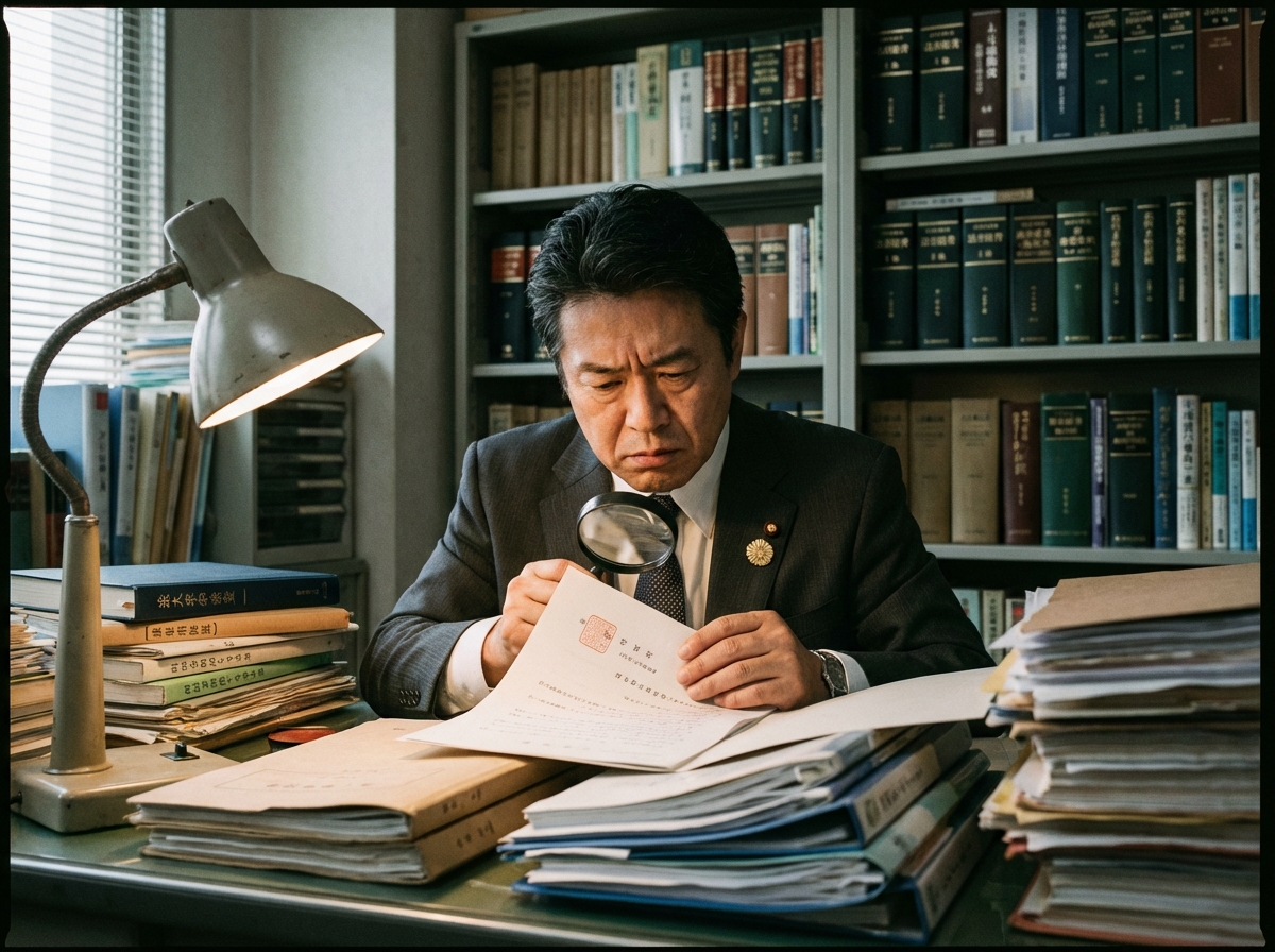 登記書類を厳しくチェックする司法書士。専門家としての責任の重さを示している。