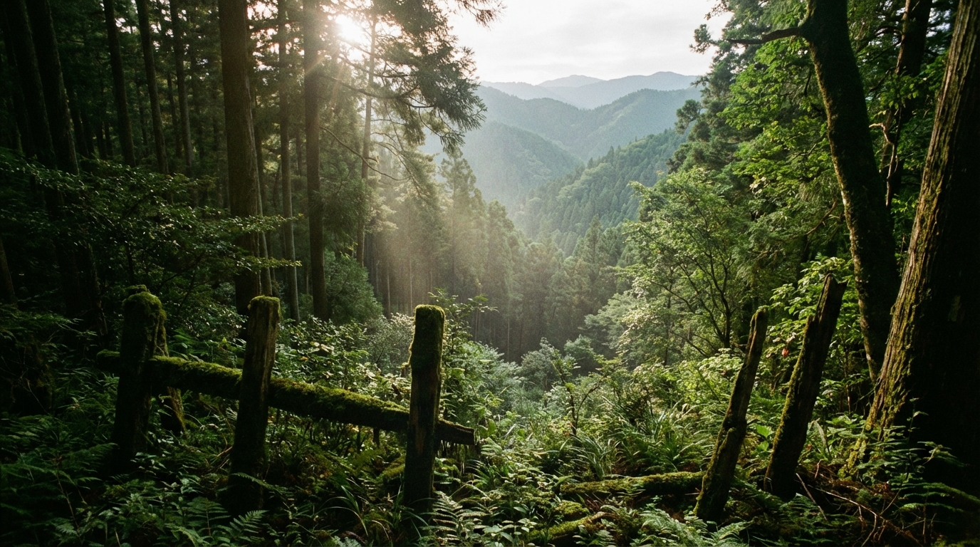 相続の対象となる広大な日本の山林の風景。管理の難しさを象徴している。