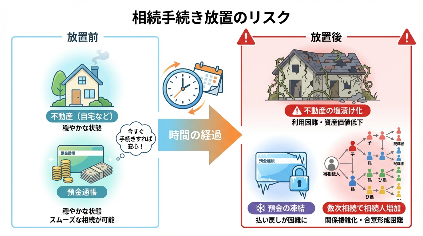 相続手続きを放置した場合の3つのリスク（不動産の塩漬け化、預金の凍結、相続人の増加）を分かりやすく示した図解。