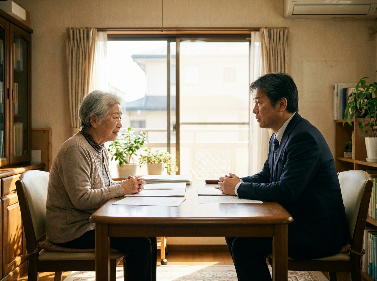 司法書士に孤独死と相続放棄の問題を相談し、少し安堵の表情を浮かべる大家さん
