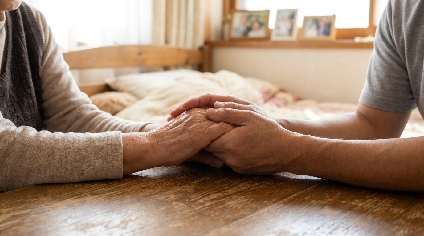 成年後見制度における家族の絆と財産保護を象徴する、重ねられた手。