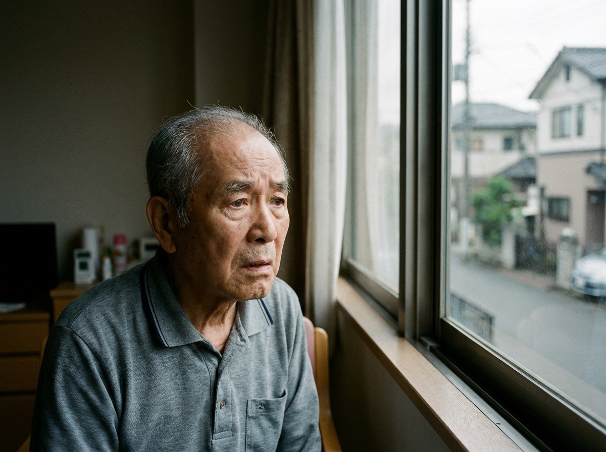 介護施設で窓の外を眺める高齢男性。判断能力の問題を象徴している。