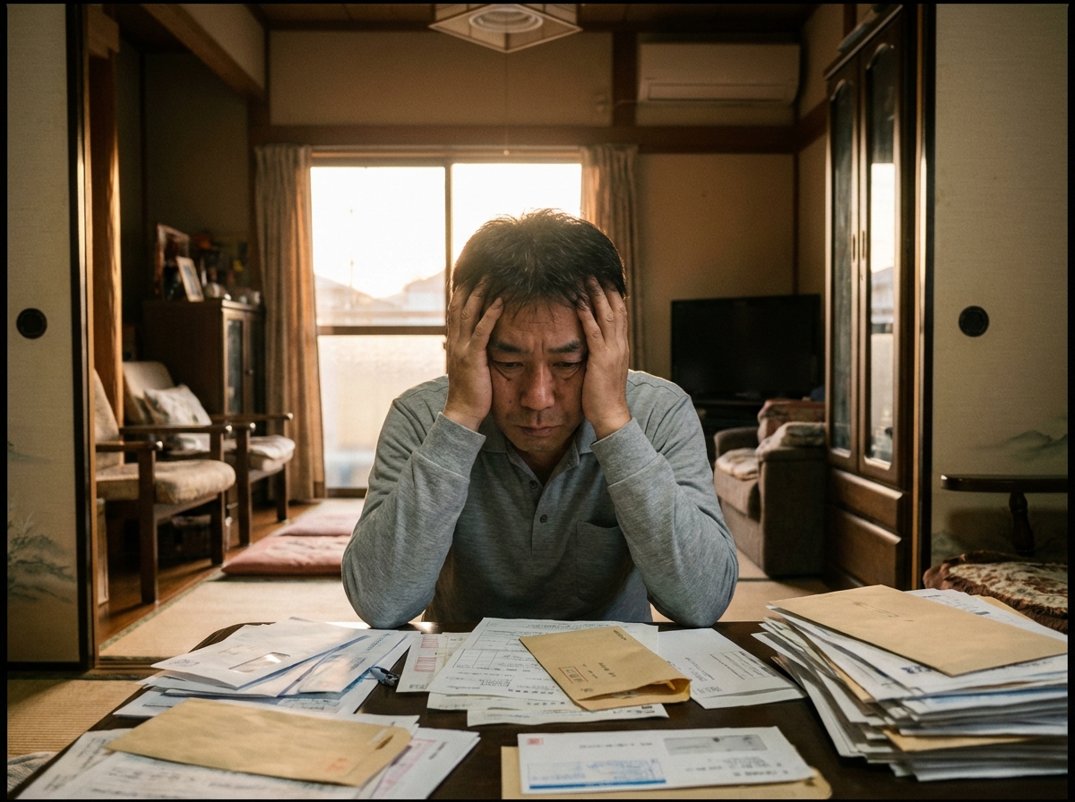 施設費用などの請求書を前に頭を抱える男性。成年後見制度を利用する前の親族の経済的・精神的負担を象徴する画像。