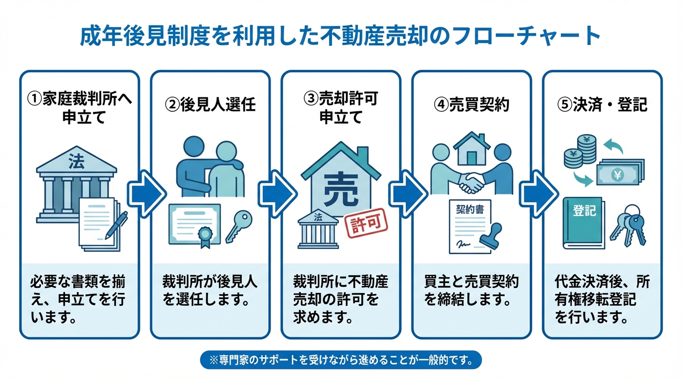 成年後見制度を利用した不動産売却の流れを示した図解。申立てから登記までの5つのステップが描かれている。