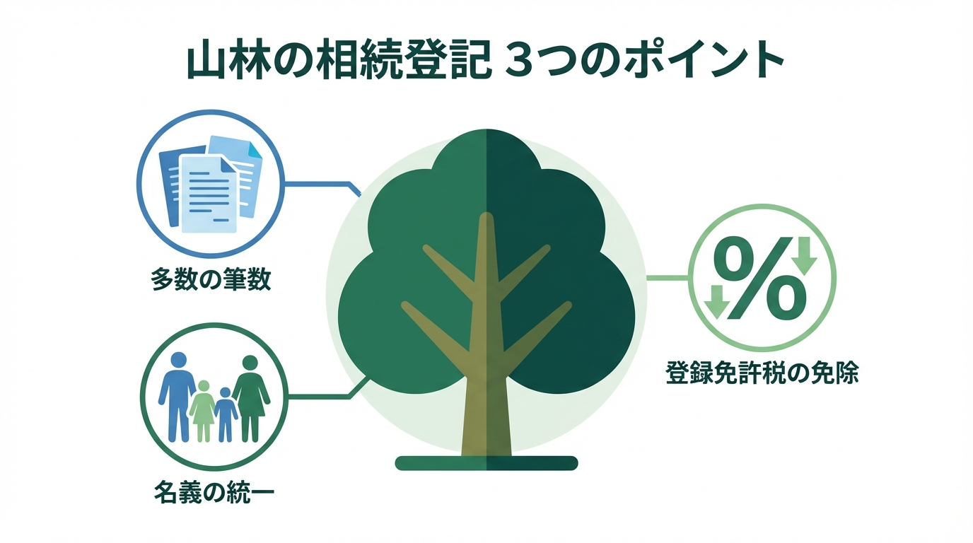 山林の相続登記で押さえるべき3つのポイントを図解したインフォグラフィック。筆数の多さ、登録免許税の免除、名義の統一。