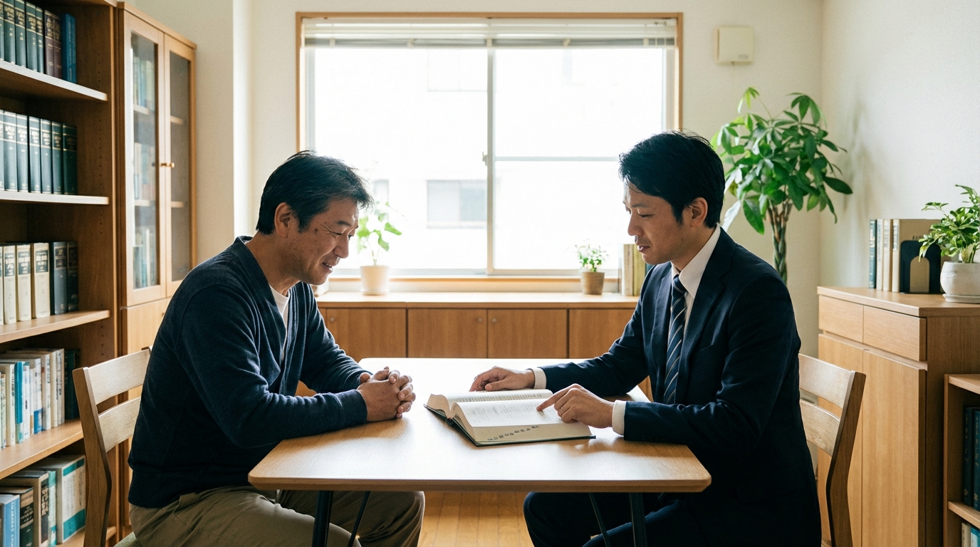 司法書士が駐車場経営者の相談に乗り、法律書を指差しながら民法940条の管理責任について説明している様子。