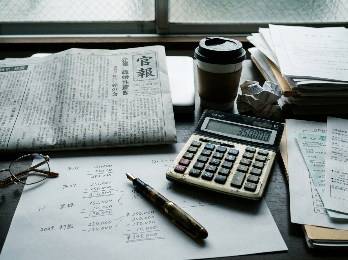 法人の解散にかかる登録免許税や官報公告費などの費用計算をしているイメージ