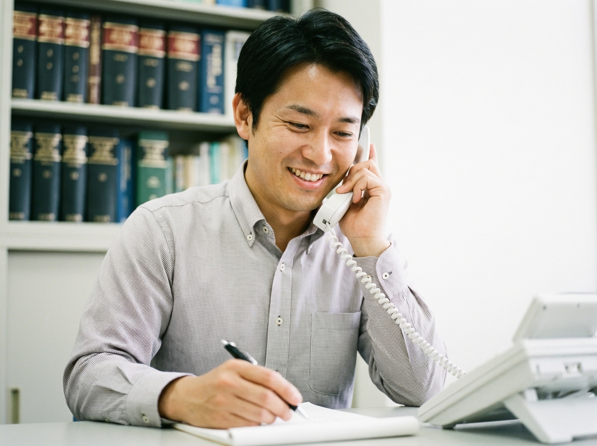 司法書士が第三者として相続人間に入ることで円滑な解決をサポートするイメージ。電話で丁寧に対応する司法書士。