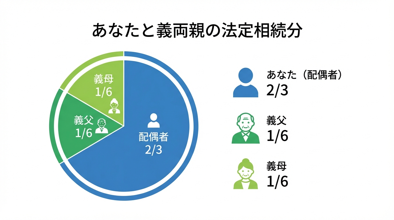 配偶者と親が相続人となる場合の法定相続分の割合を示す円グラフ。配偶者が3分の2、義父と義母がそれぞれ6分の1ずつ相続することを示している。