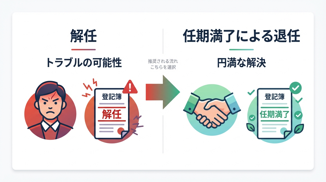 清算人の退任方法について、「解任」と「任期満了」の2つの手続きを比較し、任期満了が円満な解決策であることを示す図解。